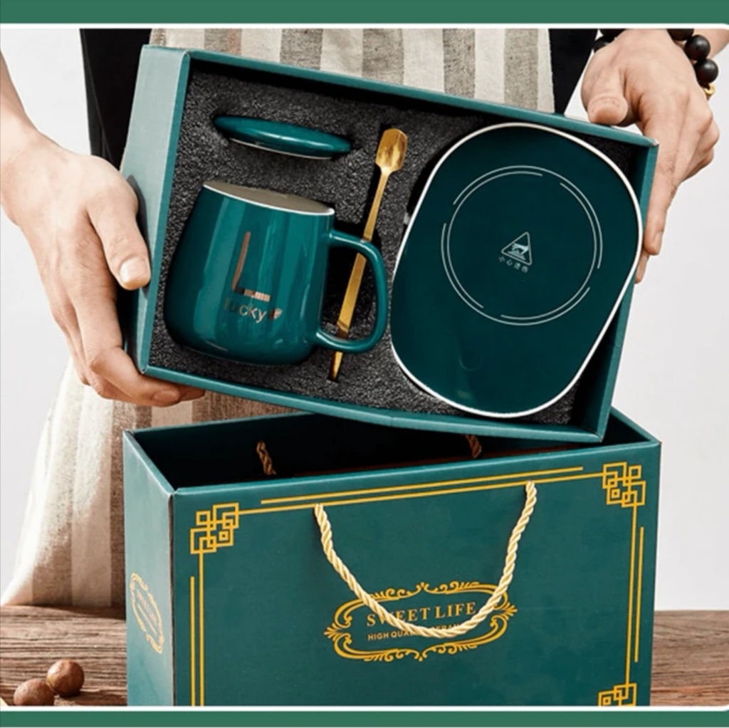 كوب سيراميك مع غطاء وملعقة ومسخن كهربائي 