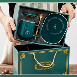 كوب سيراميك مع غطاء وملعقة ومسخن كهربائي 